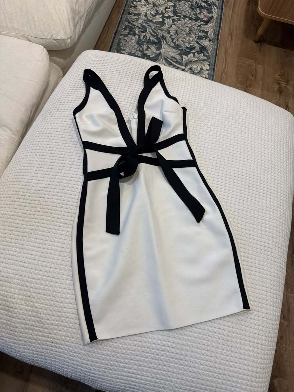 Blakely Black White Plunge V Neck Mini Dress with Tie Detail - ,